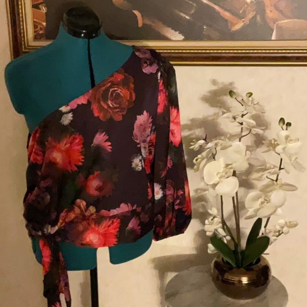 Express Asymmetrical Tie Front Blouse in Blue and Red